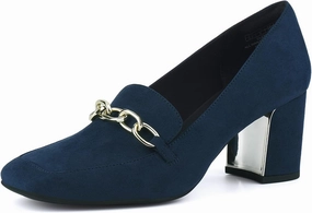 JENN ARDOR Women's Heeled Loafers - Block Heels, Closed Toe, Slip On, 2.5 Inch Mid Heel, Dress & Casual Shoes with Chain
