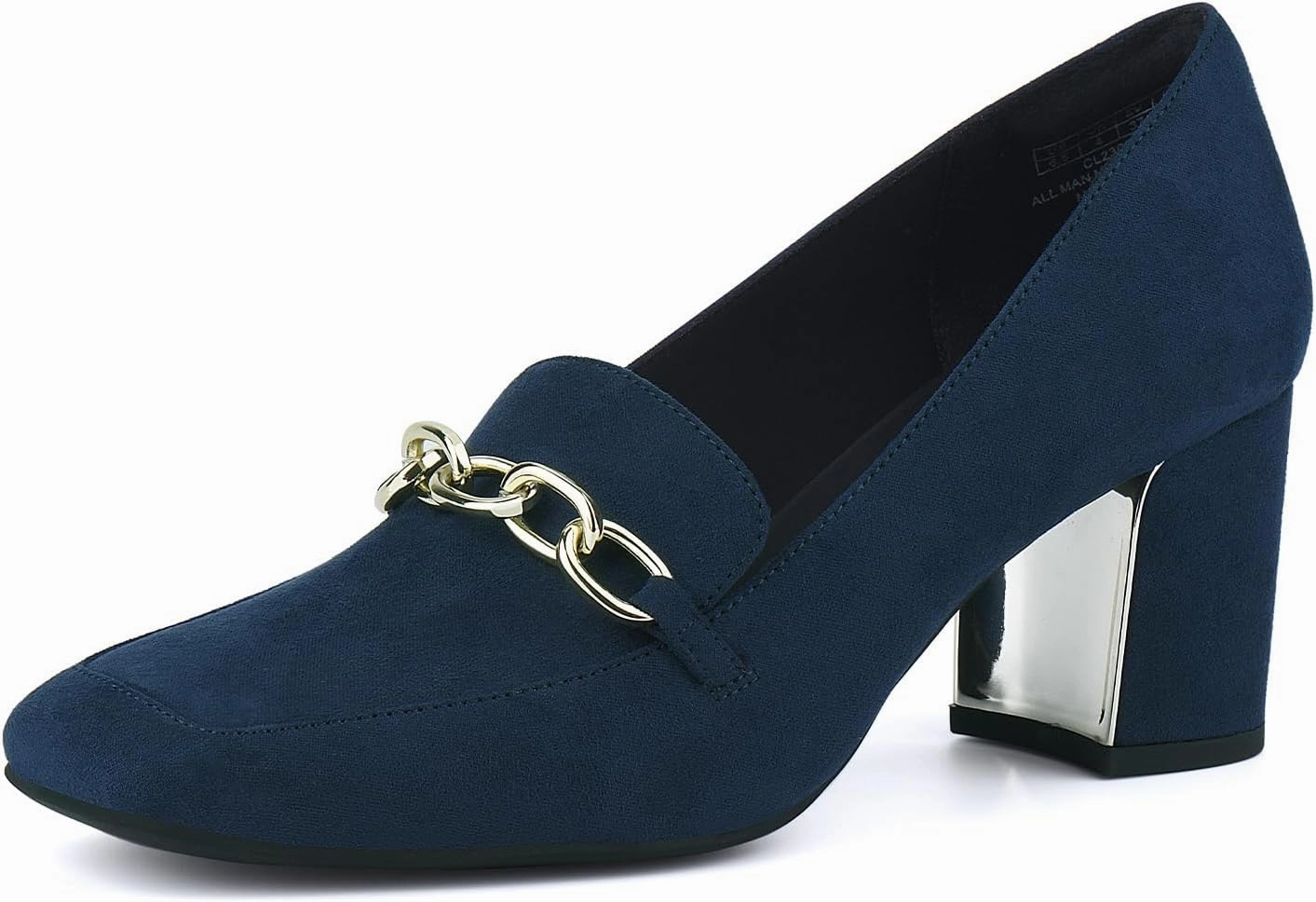 JENN ARDOR Women's Heeled Loafers - Block Heels, Closed Toe, Slip On, 2.5 Inch Mid Heel, Dress & Casual Shoes with Chain