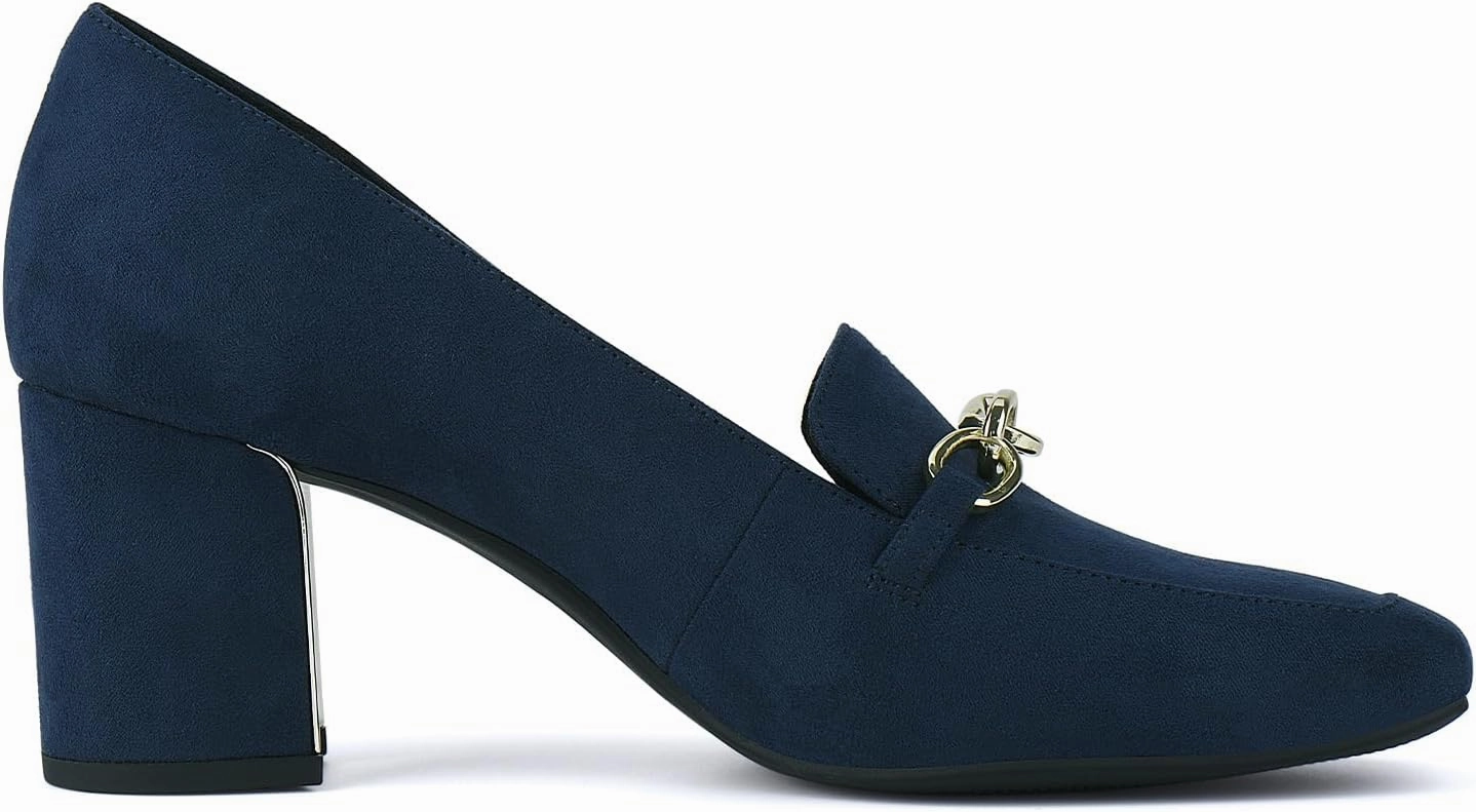 JENN ARDOR Women's Heeled Loafers - Block Heels, Closed Toe, Slip On, 2.5 Inch Mid Heel, Dress & Casual Shoes with Chain