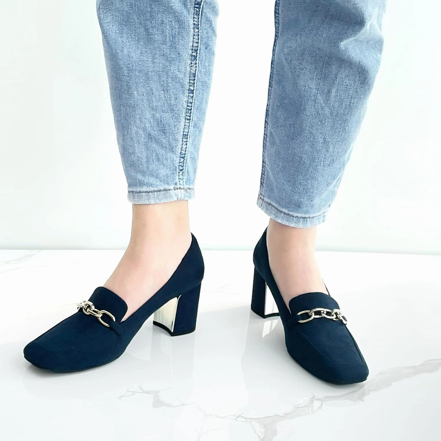 JENN ARDOR Women's Heeled Loafers - Block Heels, Closed Toe, Slip On, 2.5 Inch Mid Heel, Dress & Casual Shoes with Chain