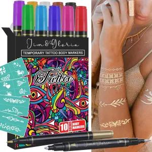 Jim&Gloria Body Art Tattoo Pen Dual Tip 10 Colors with GOLD SILVER Body Markers Skin Paint for Kids Adults Pride Face Painting Kit 4th of July Teen Girl Gifts Trendy Stuff 8 9 10 11 12 13 14 Years Old