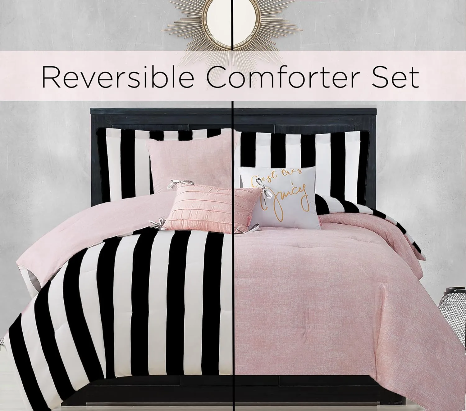 Juicy Couture Cabana Stripe Reversible Bedding Set - Queen Size - Black and White Stripe Print – 6 Piece Set – Includes 1 90" x 90" Comforter, 3 Decorative Pillows, 2 Shams