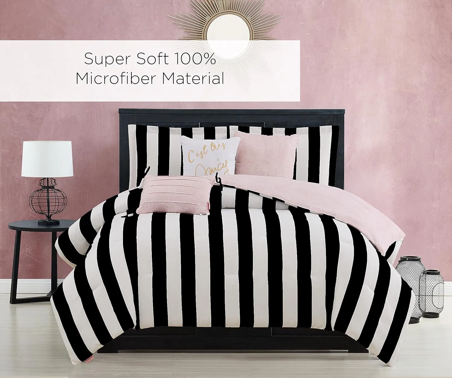Juicy Couture Cabana Stripe Reversible Bedding Set - Queen Size - Black and White Stripe Print – 6 Piece Set – Includes 1 90" x 90" Comforter, 3 Decorative Pillows, 2 Shams
