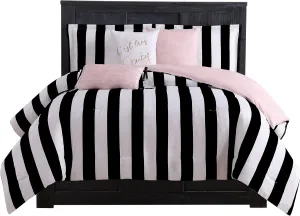 Juicy Couture Cabana Stripe Reversible Bedding Set - Queen Size - Black and White Stripe Print – 6 Piece Set – Includes 1 90" x 90" Comforter, 3 Decorative Pillows, 2 Shams