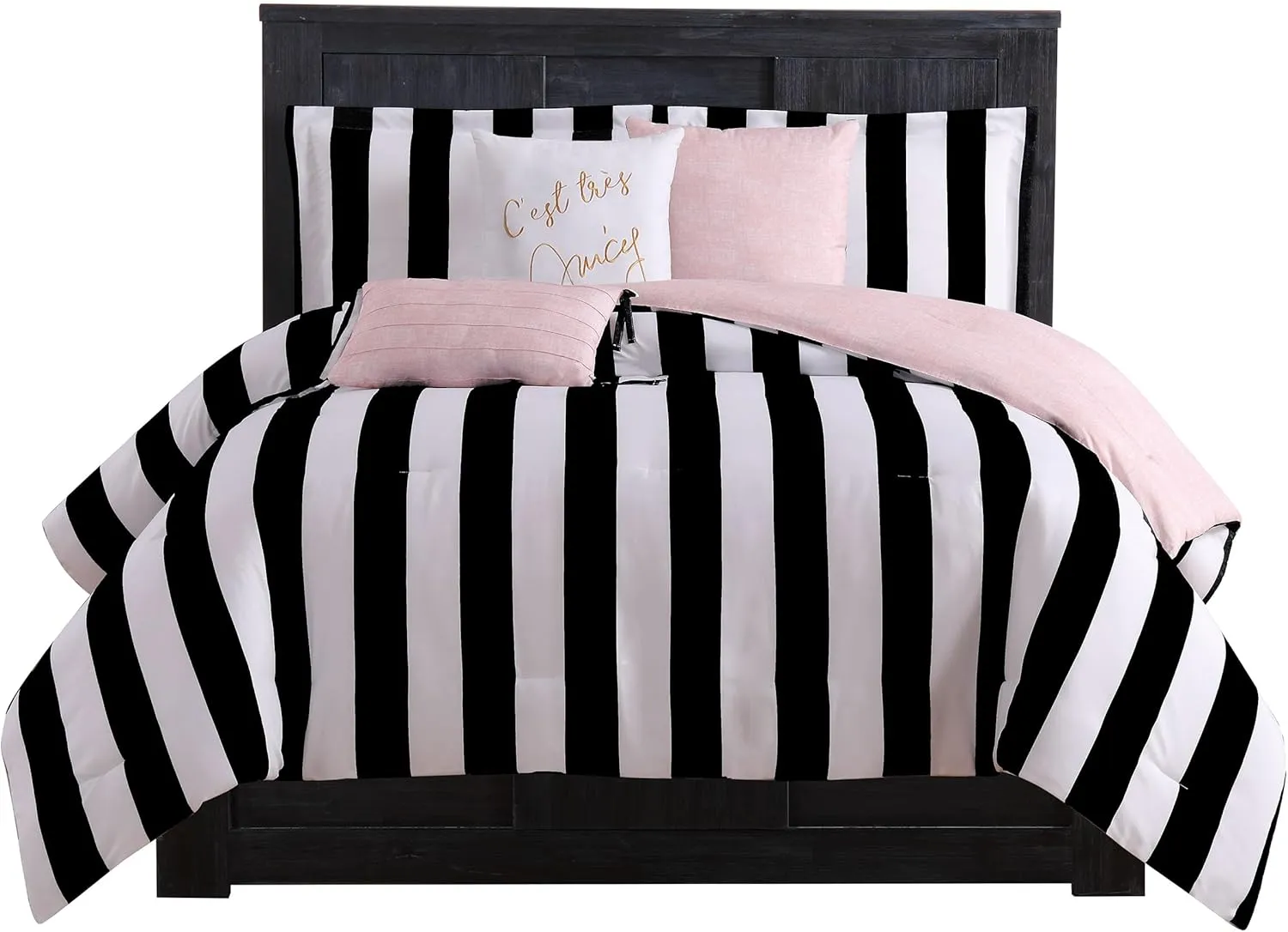 Juicy Couture JYZ010171 Cabana Stripe 6-Piece Reversible Set, King, Canaba Stripe Black
