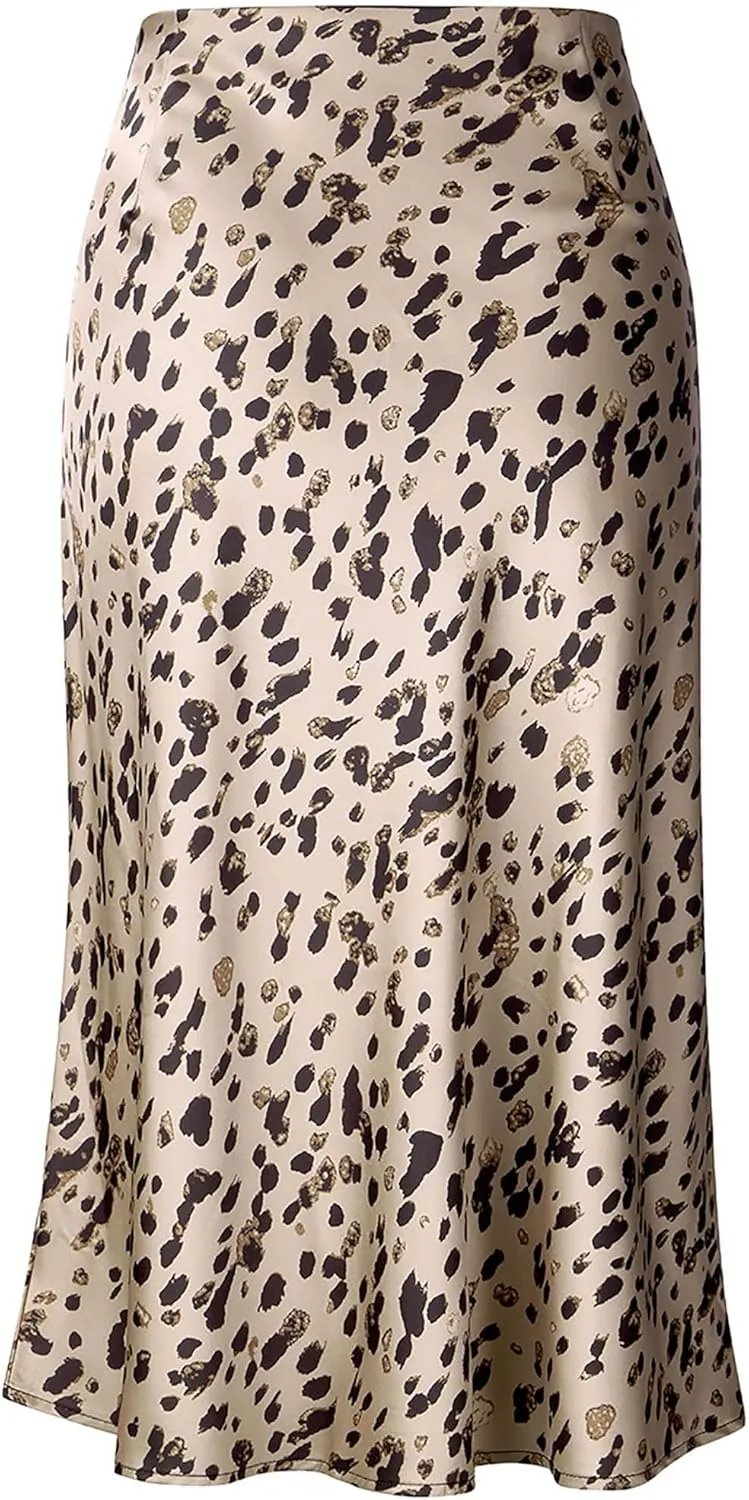 Keasmto Leopard Skirt for Women Midi Length High Waist Silk Satin Elasticized Cheetah Casual Ladies Skirts