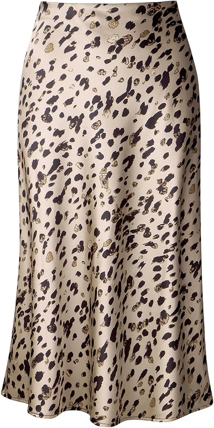 Keasmto Leopard Skirt for Women Midi Length High Waist Silk Satin Elasticized Cheetah Casual Ladies Skirts