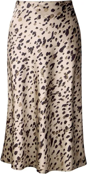 Keasmto Leopard Skirt for Women Midi Length High Waist Silk Satin Elasticized Cheetah Casual Ladies Skirts