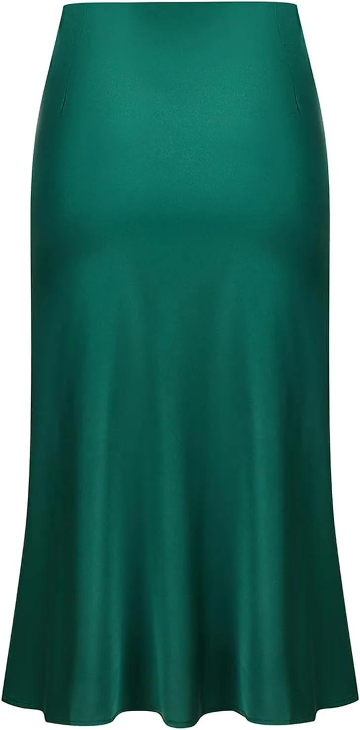 Keasmto Leopard Skirt for Women Midi Length High Waist Silk Satin Elasticized Cheetah Casual Ladies Skirts