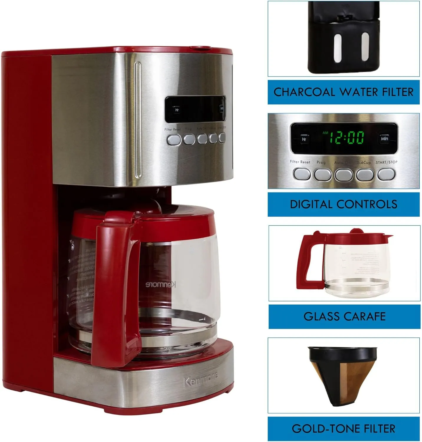 Kenmore Drip Coffee Maker - 12 Cup Programmable Cafe Machine With Glass Pot, Regular & Bold Brew, Auto Shut Off Large Water Reservoir, Reusable Filter, Kitchen Appliances, Red