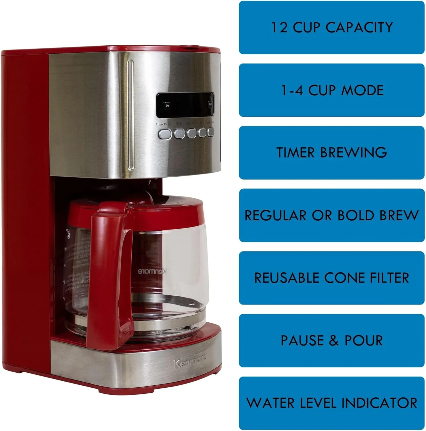 Kenmore Drip Coffee Maker - 12 Cup Programmable Cafe Machine With Glass Pot, Regular & Bold Brew, Auto Shut Off Large Water Reservoir, Reusable Filter, Kitchen Appliances, Red