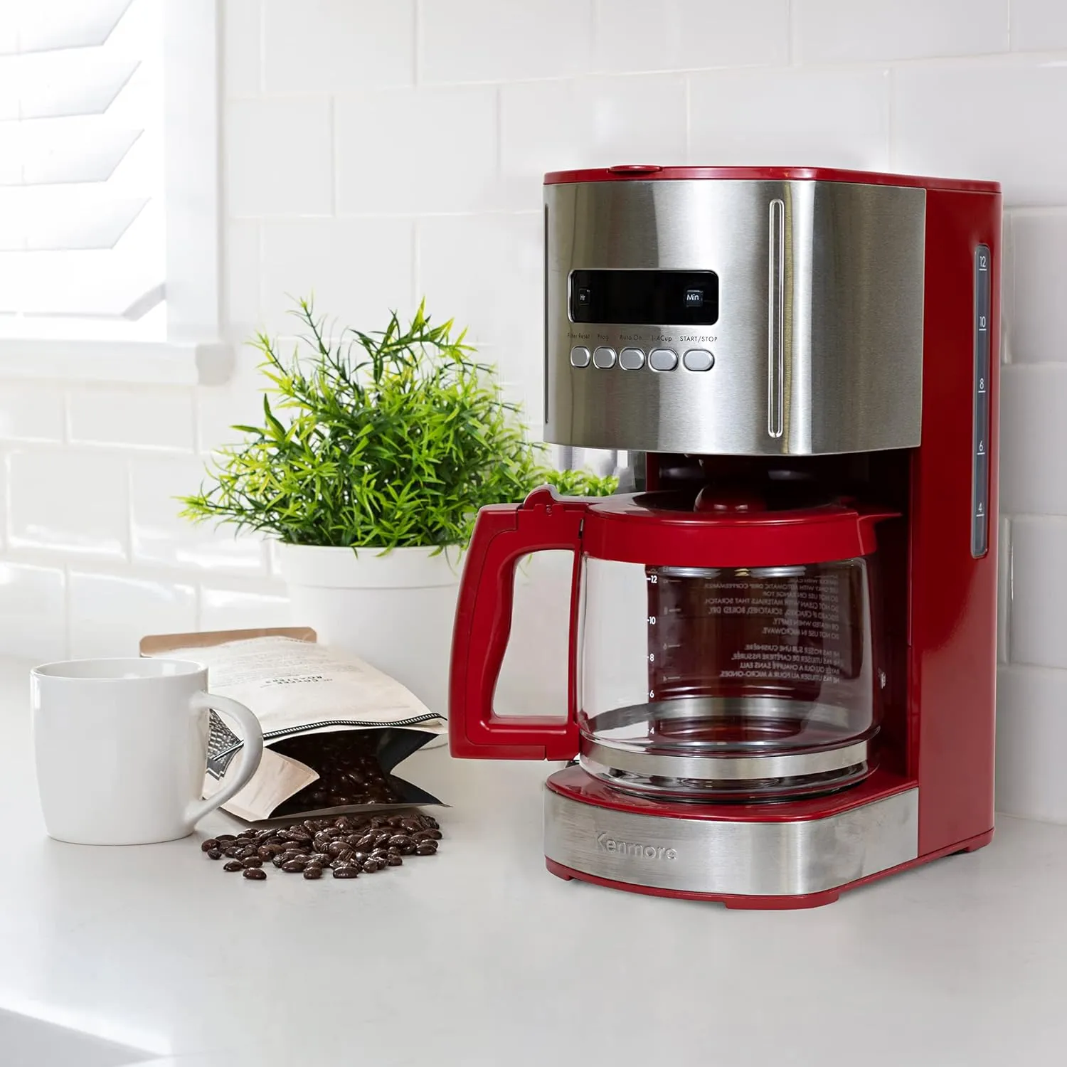 Kenmore Drip Coffee Maker - 12 Cup Programmable Cafe Machine With Glass Pot, Regular & Bold Brew, Auto Shut Off Large Water Reservoir, Reusable Filter, Kitchen Appliances, Red