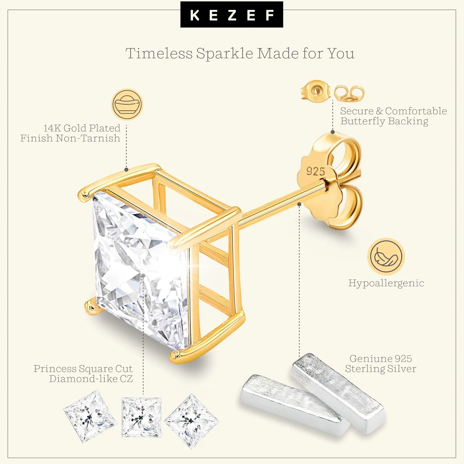 KEZEF Sterling Silver Stud Earrings for Women & Men - 4-Prong Setting Cubic Zirconia Earrings Studs - Premium CZ S925 Hypoallergenic - Available in 14K White and Yellow Gold, Rose Gold - 3mm to 9mm