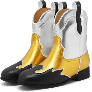 Kids Cowboy Boots Unisex Cowgirl Metallic Western Booties Round Toe Pull on Splicing Riding Ankle Boots for Boys/Girls