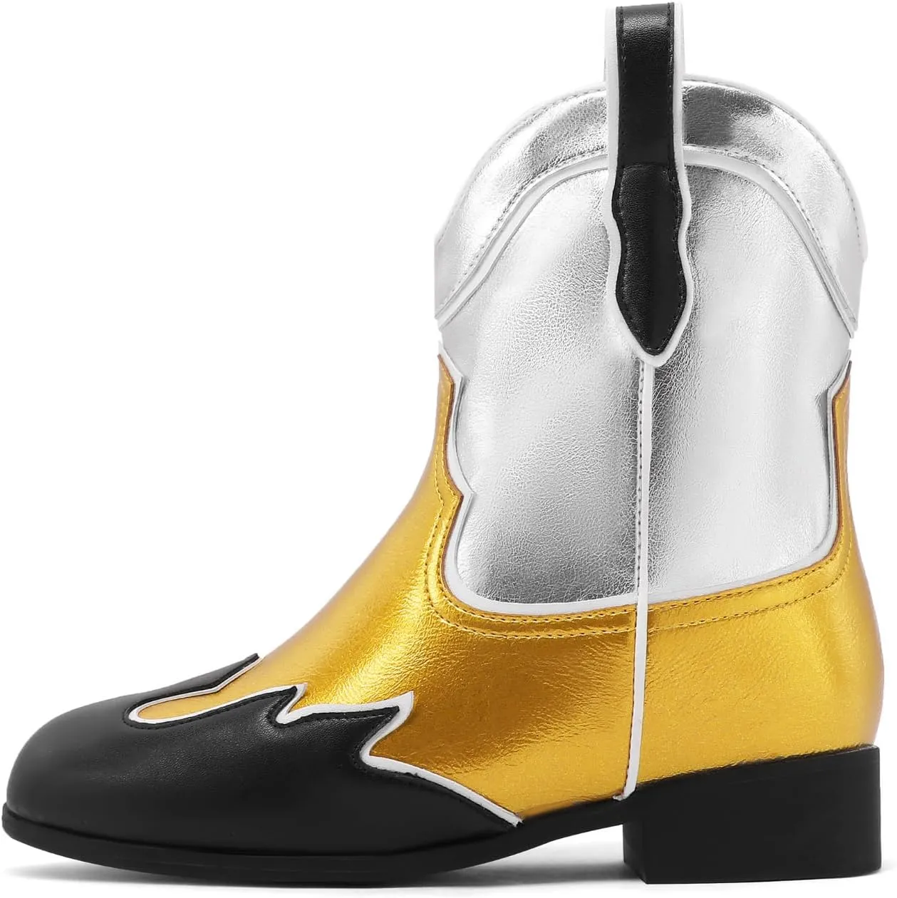 Kids Cowboy Boots Unisex Cowgirl Metallic Western Booties Round Toe Pull on Splicing Riding Ankle Boots for Boys/Girls