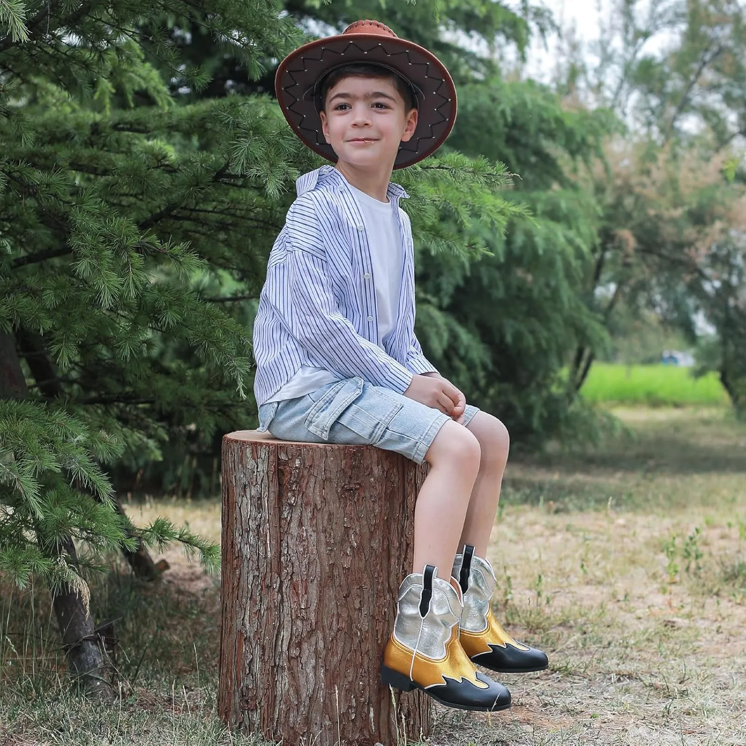 Kids Cowboy Boots Unisex Cowgirl Metallic Western Booties Round Toe Pull on Splicing Riding Ankle Boots for Boys/Girls