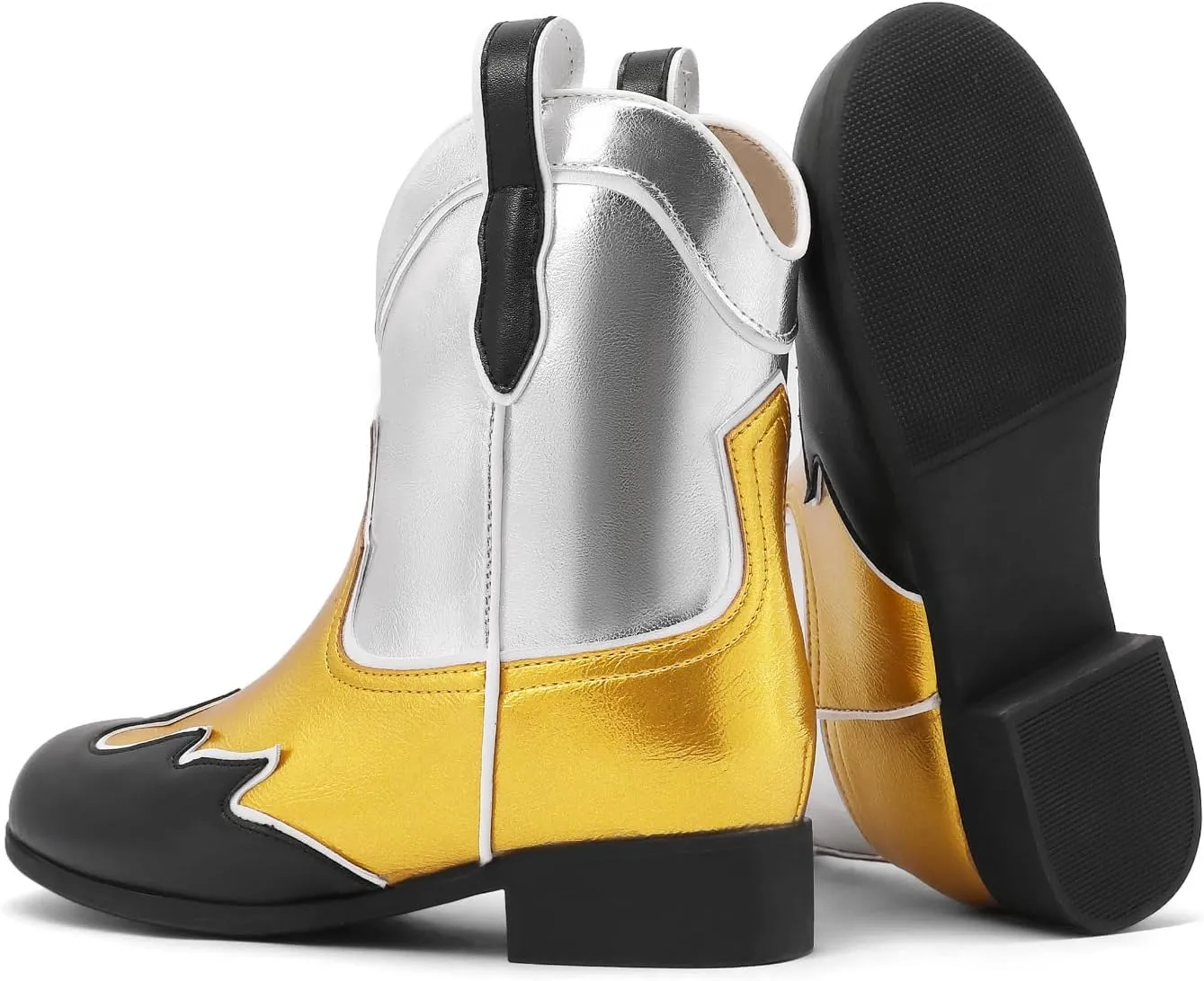 Kids Cowboy Boots Unisex Cowgirl Metallic Western Booties Round Toe Pull on Splicing Riding Ankle Boots for Boys/Girls