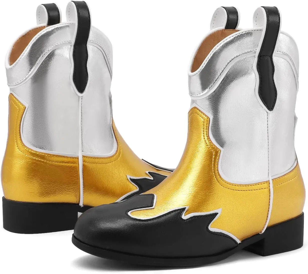Kids Cowboy Boots Unisex Cowgirl Metallic Western Booties Round Toe Pull on Splicing Riding Ankle Boots for Boys/Girls