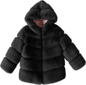 Kids Girls Warm Hooded Faux Fur Fleece Jacket Coat Thick Furry Fuzzy Jacket Outerwear Toddler Girls Winter Overcoat