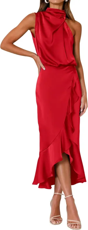 KIRUNDO Womens 2025 Summer Satin Mock Neck Wedding Guest Party Cocktail Midi Dress Sleeveless Wrap Ruffle Formal Dresses