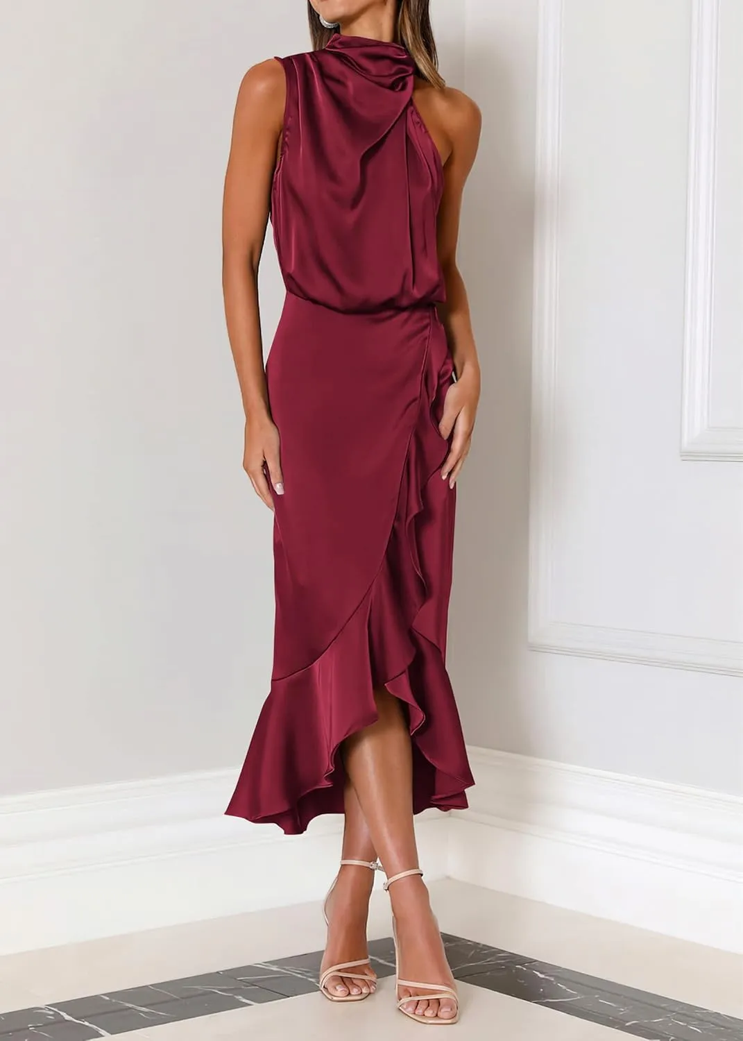 KIRUNDO Womens 2025 Summer Satin Mock Neck Wedding Guest Party Cocktail Midi Dress Sleeveless Wrap Ruffle Formal Dresses