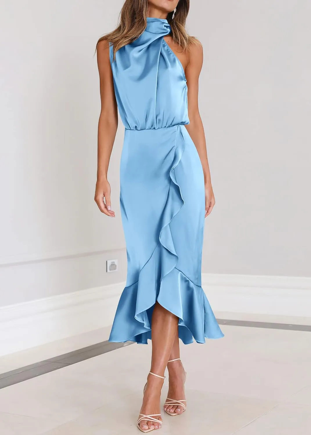 KIRUNDO Womens 2025 Summer Satin Mock Neck Wedding Guest Party Cocktail Midi Dress Sleeveless Wrap Ruffle Formal Dresses