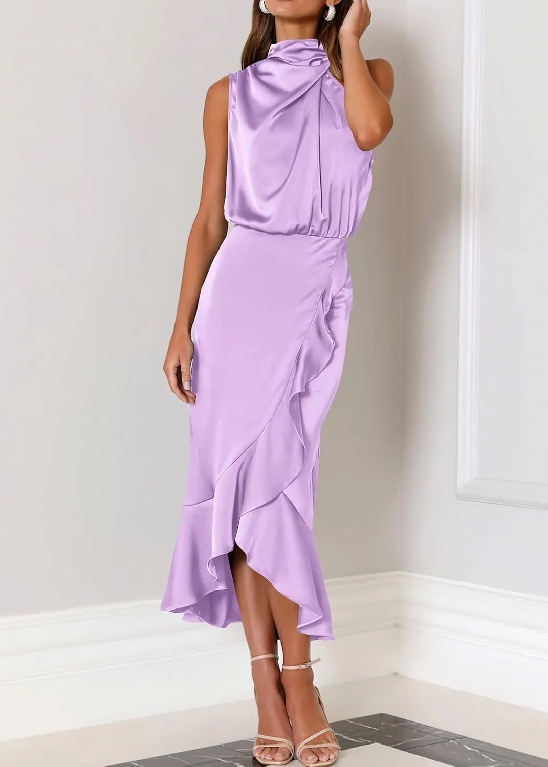 KIRUNDO Womens 2025 Summer Satin Mock Neck Wedding Guest Party Cocktail Midi Dress Sleeveless Wrap Ruffle Formal Dresses