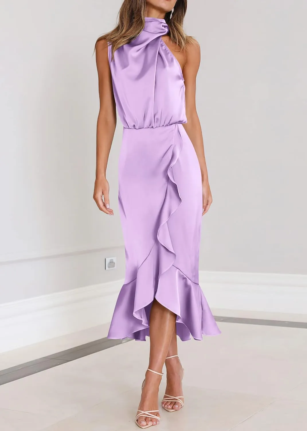 KIRUNDO Womens 2025 Summer Satin Mock Neck Wedding Guest Party Cocktail Midi Dress Sleeveless Wrap Ruffle Formal Dresses