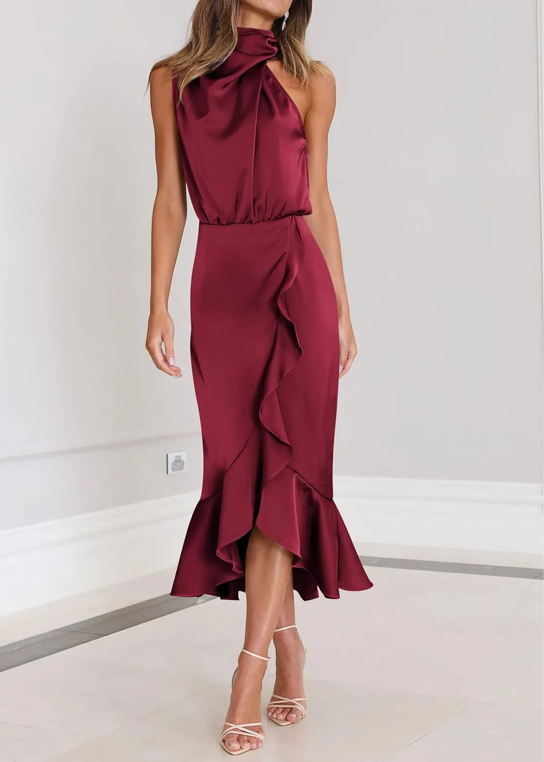 KIRUNDO Womens 2025 Summer Satin Mock Neck Wedding Guest Party Cocktail Midi Dress Sleeveless Wrap Ruffle Formal Dresses