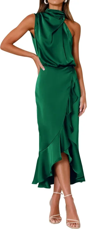 KIRUNDO Womens 2025 Summer Satin Mock Neck Wedding Guest Party Cocktail Midi Dress Sleeveless Wrap Ruffle Formal Dresses