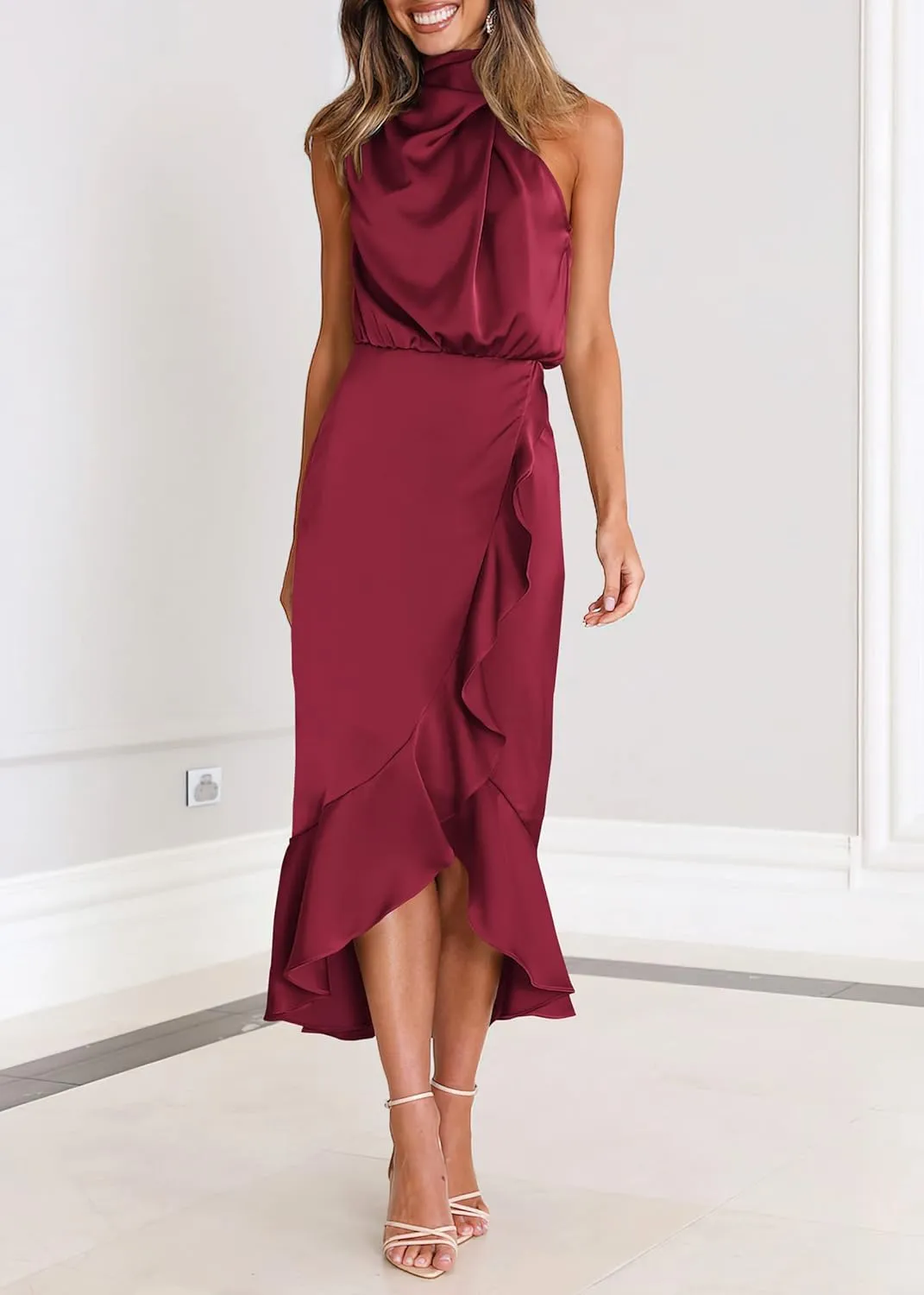 KIRUNDO Womens 2025 Summer Satin Mock Neck Wedding Guest Party Cocktail Midi Dress Sleeveless Wrap Ruffle Formal Dresses