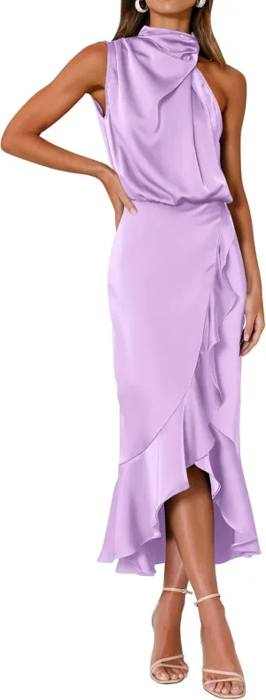 KIRUNDO Womens 2025 Summer Satin Mock Neck Wedding Guest Party Cocktail Midi Dress Sleeveless Wrap Ruffle Formal Dresses