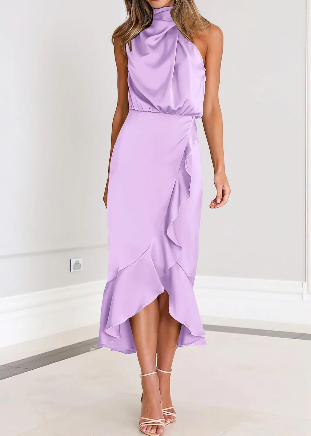 KIRUNDO Womens 2025 Summer Satin Mock Neck Wedding Guest Party Cocktail Midi Dress Sleeveless Wrap Ruffle Formal Dresses