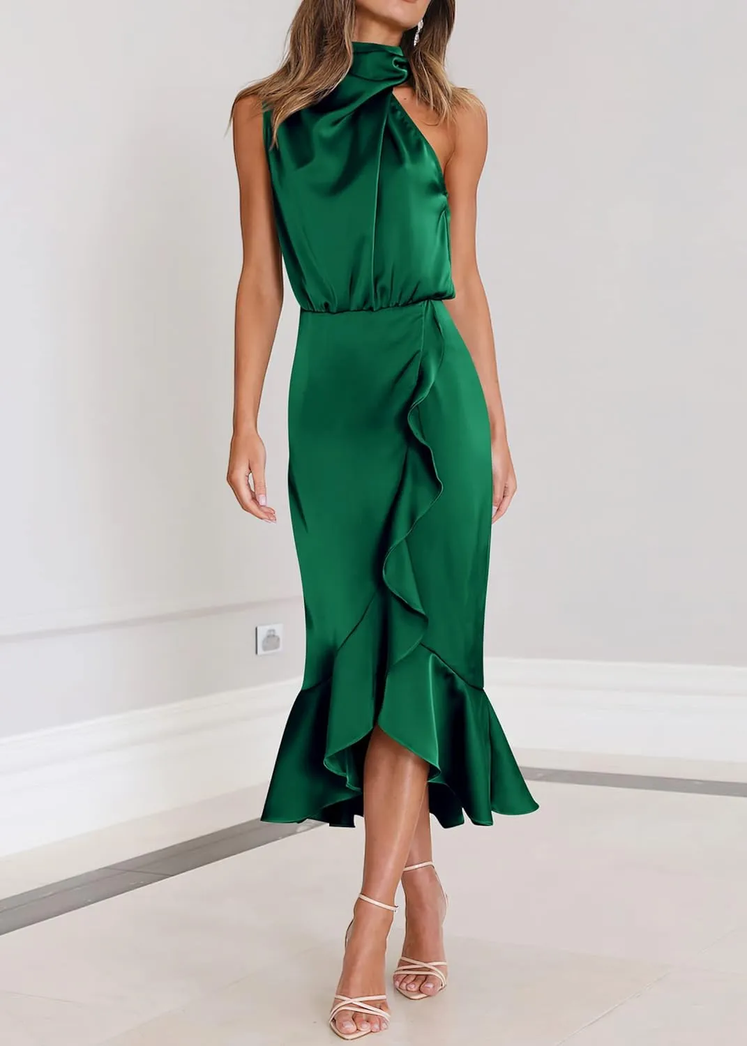 KIRUNDO Womens 2025 Summer Satin Mock Neck Wedding Guest Party Cocktail Midi Dress Sleeveless Wrap Ruffle Formal Dresses