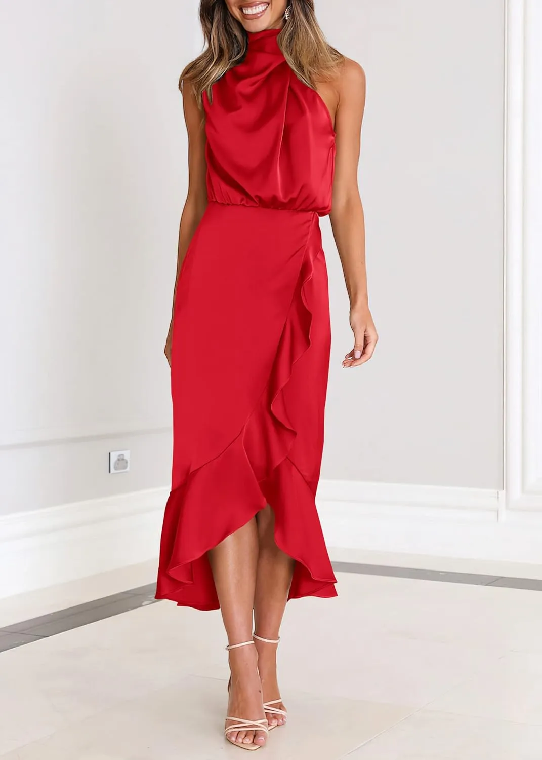 KIRUNDO Womens 2025 Summer Satin Mock Neck Wedding Guest Party Cocktail Midi Dress Sleeveless Wrap Ruffle Formal Dresses