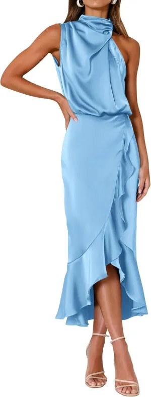KIRUNDO Womens 2025 Summer Satin Mock Neck Wedding Guest Party Cocktail Midi Dress Sleeveless Wrap Ruffle Formal Dresses