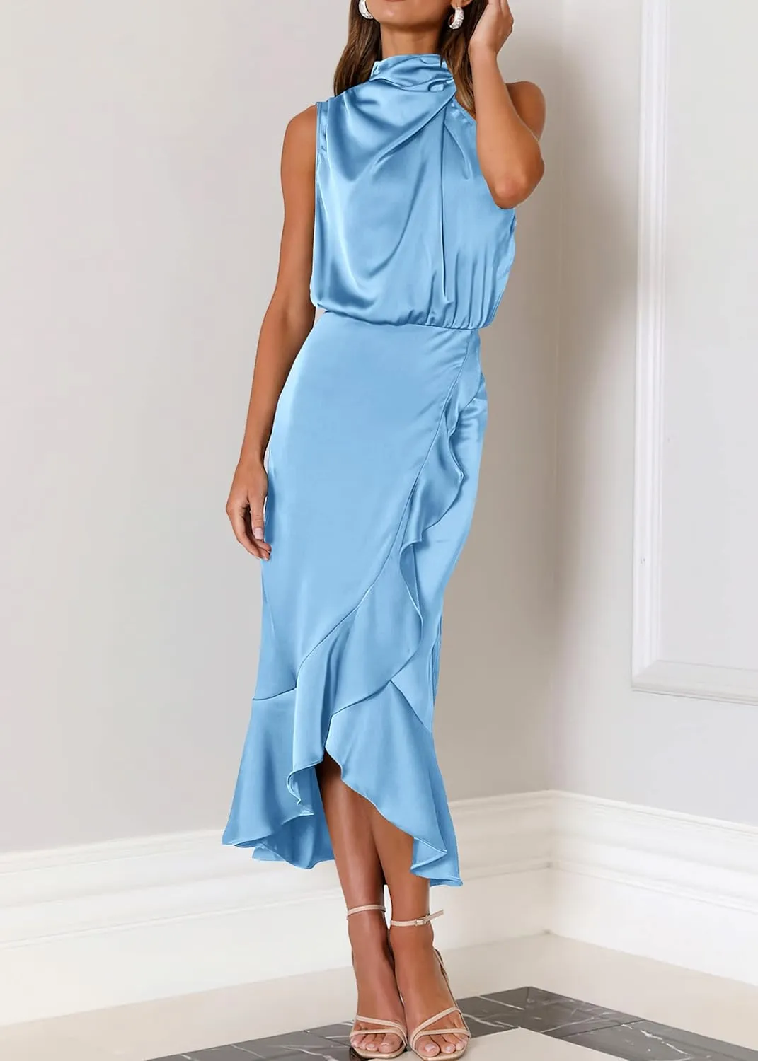 KIRUNDO Womens 2025 Summer Satin Mock Neck Wedding Guest Party Cocktail Midi Dress Sleeveless Wrap Ruffle Formal Dresses
