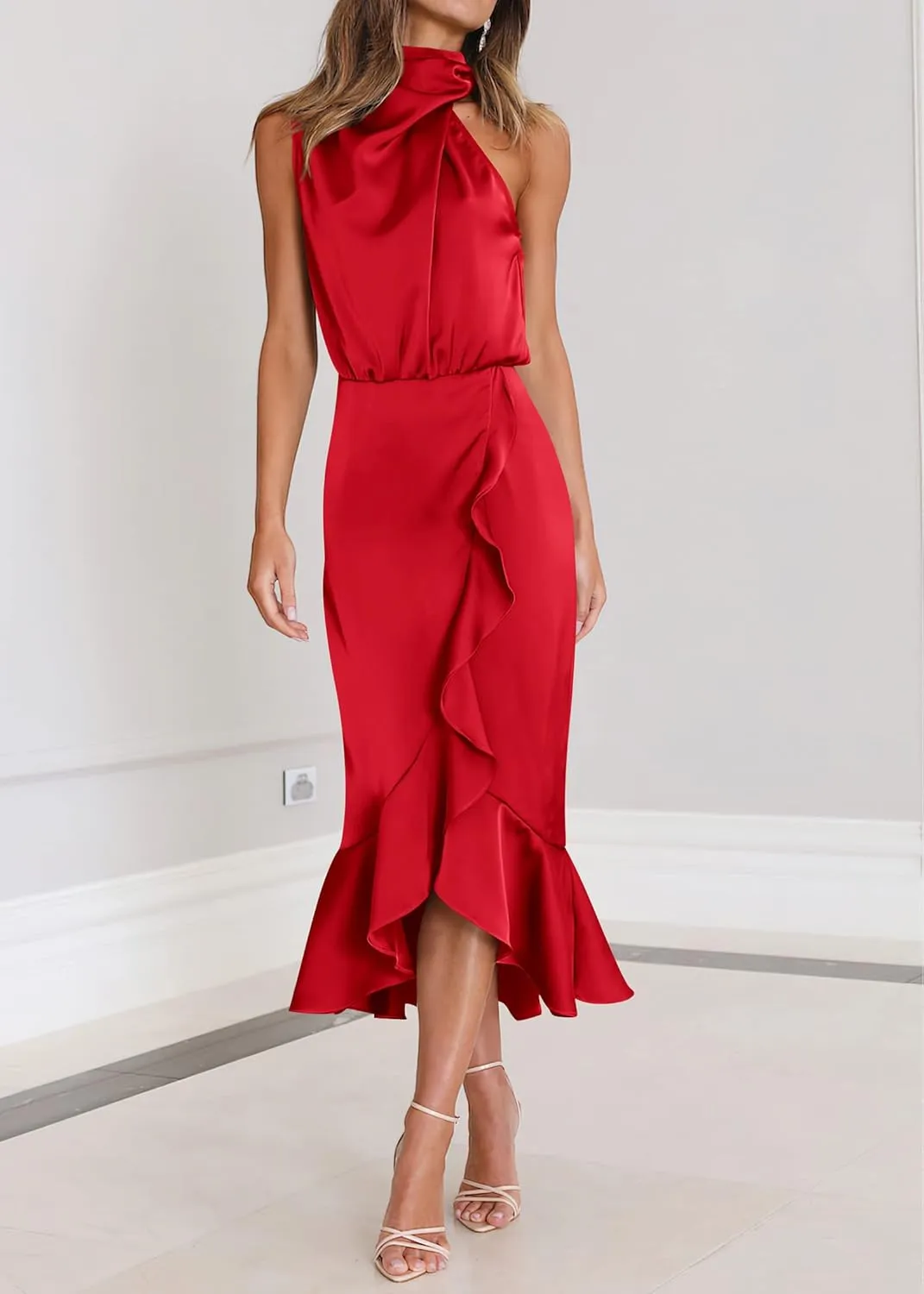 KIRUNDO Womens 2025 Summer Satin Mock Neck Wedding Guest Party Cocktail Midi Dress Sleeveless Wrap Ruffle Formal Dresses