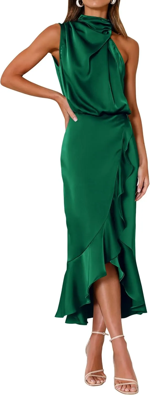 KIRUNDO Womens 2025 Summer Satin Mock Neck Wedding Guest Party Cocktail Midi Dress Sleeveless Wrap Ruffle Formal Dresses