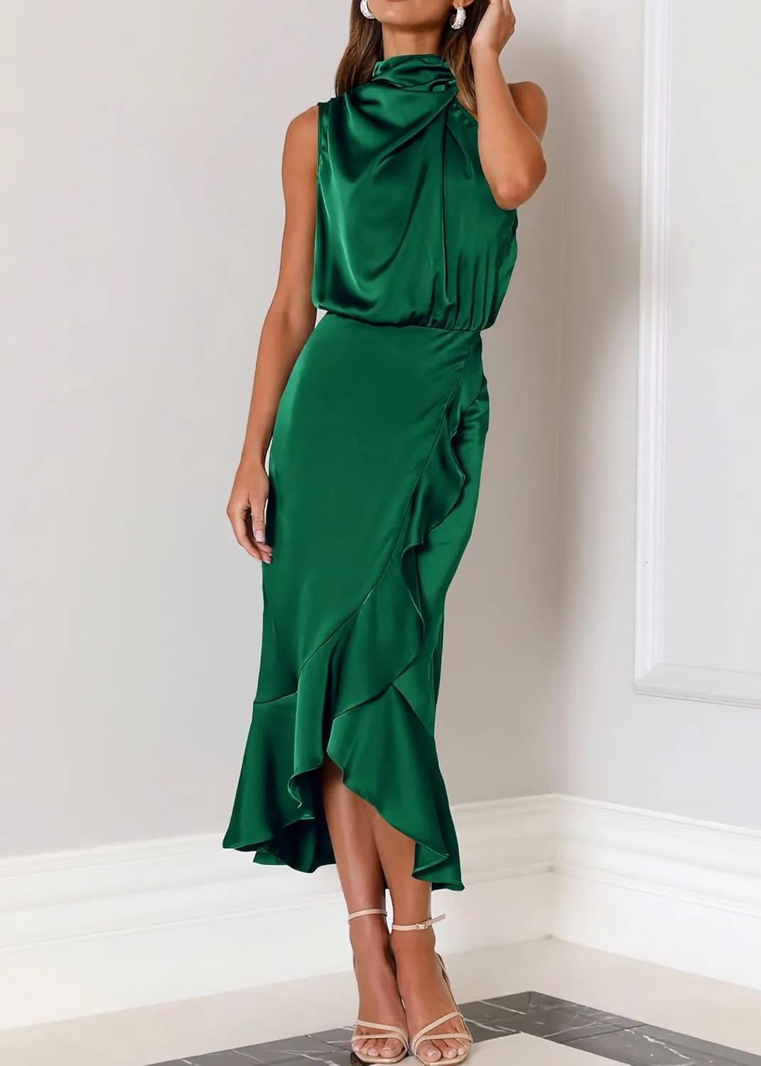 KIRUNDO Womens 2025 Summer Satin Mock Neck Wedding Guest Party Cocktail Midi Dress Sleeveless Wrap Ruffle Formal Dresses