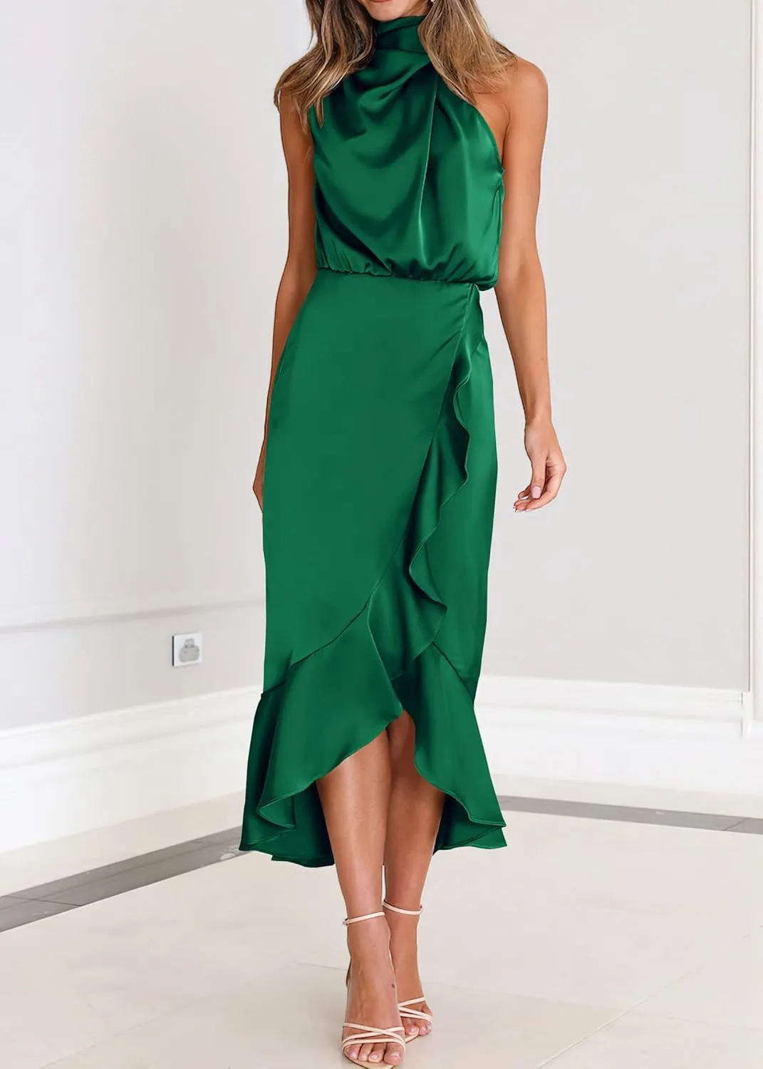 KIRUNDO Womens 2025 Summer Satin Mock Neck Wedding Guest Party Cocktail Midi Dress Sleeveless Wrap Ruffle Formal Dresses