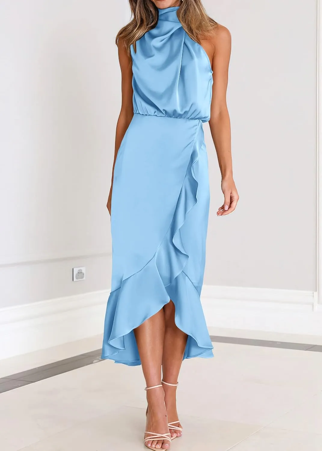 KIRUNDO Womens 2025 Summer Satin Mock Neck Wedding Guest Party Cocktail Midi Dress Sleeveless Wrap Ruffle Formal Dresses