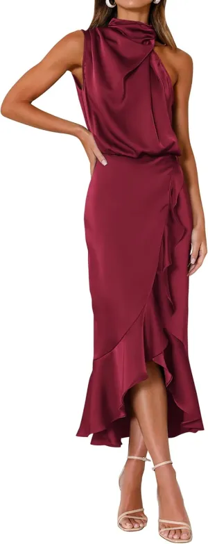 KIRUNDO Womens 2025 Summer Satin Mock Neck Wedding Guest Party Cocktail Midi Dress Sleeveless Wrap Ruffle Formal Dresses