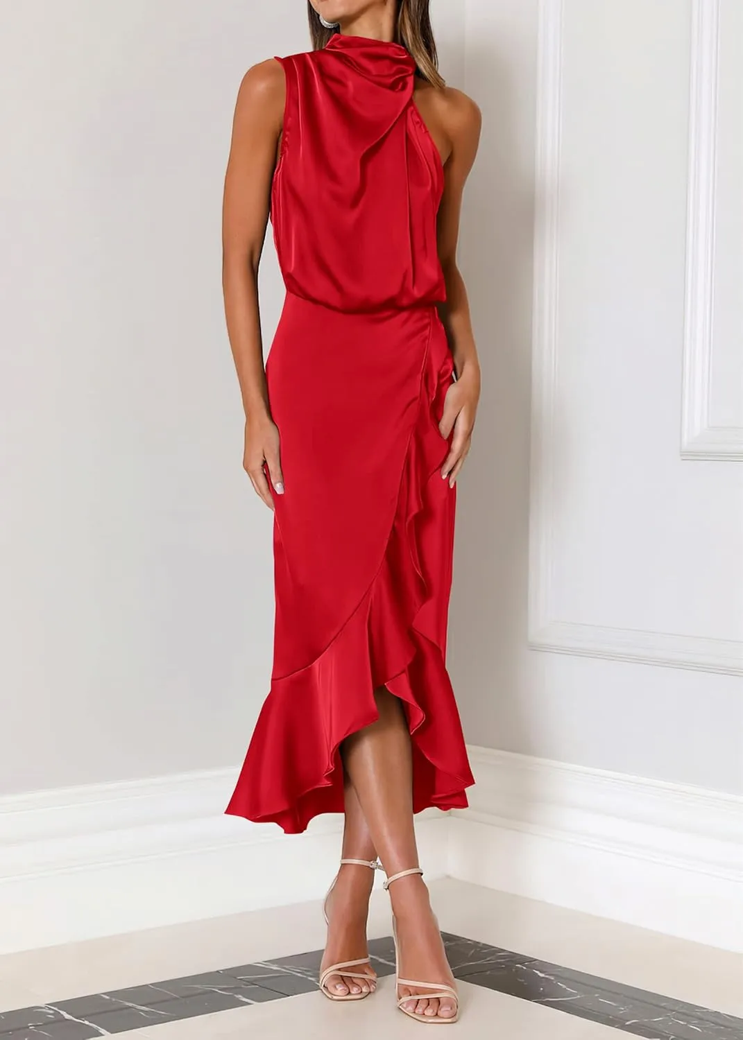 KIRUNDO Womens 2025 Summer Satin Mock Neck Wedding Guest Party Cocktail Midi Dress Sleeveless Wrap Ruffle Formal Dresses