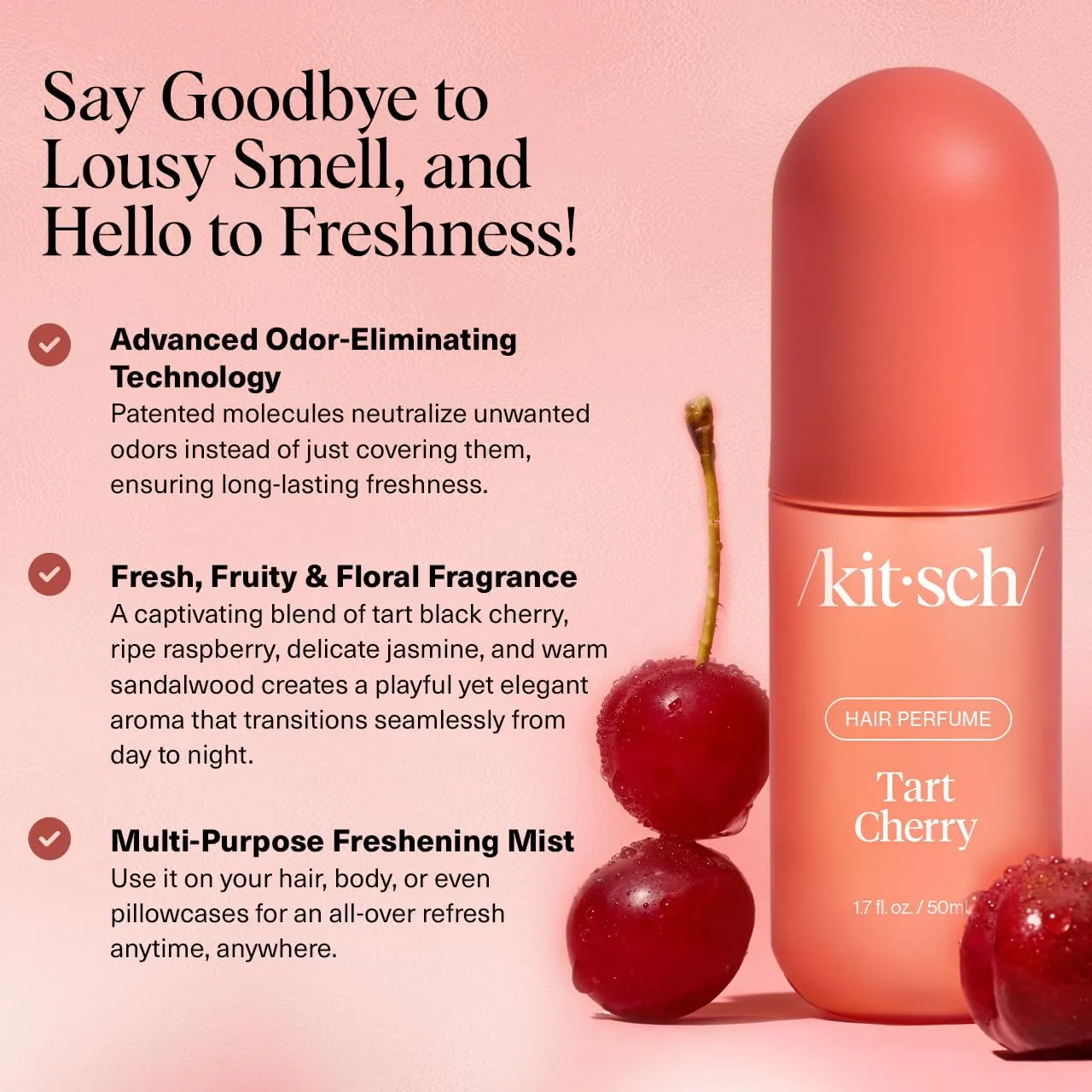 Kitsch Tart Cherry Hair Perfume For Women - Clean, Deodorizing, and Patented Odor-Eliminating Technology, Body Mist - Freshen Hair, Body & Pillows - Black Cherry, Raspberry, Jasmine, Sandalwood - 50ml