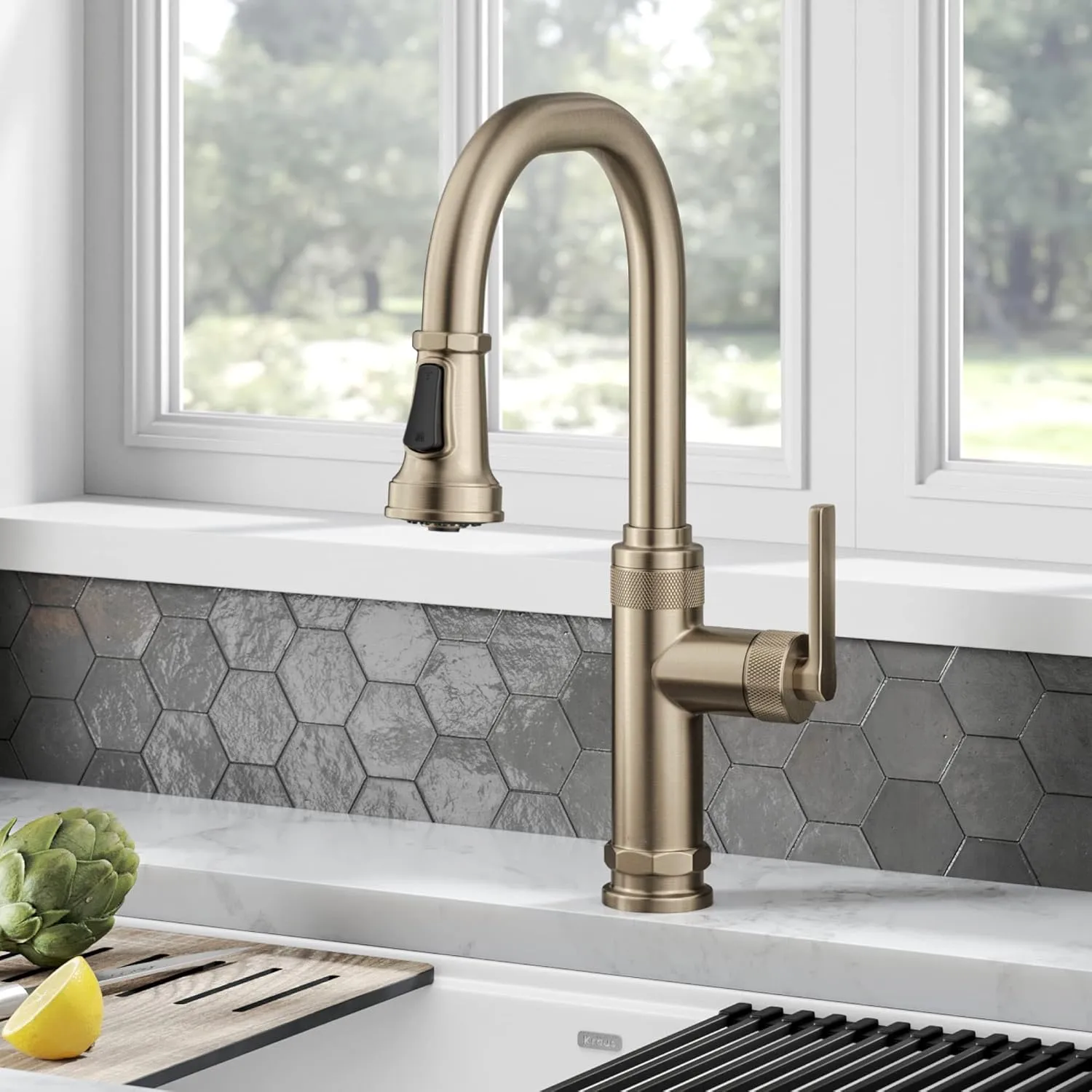 KRAUS Allyn Industrial Pull-Down Single Handle Kitchen Faucet in Spot-Free Antique Champagne Bronze, KPF-4102SFACB