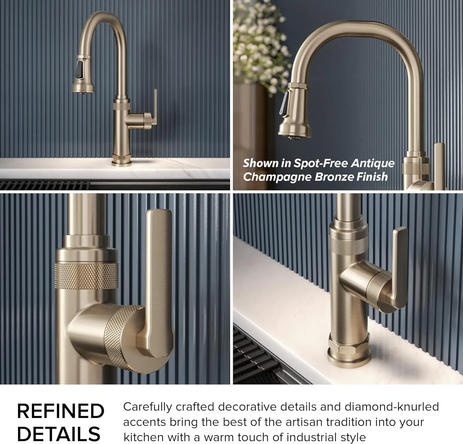 KRAUS Allyn Industrial Pull-Down Single Handle Kitchen Faucet in Spot-Free Antique Champagne Bronze, KPF-4102SFACB