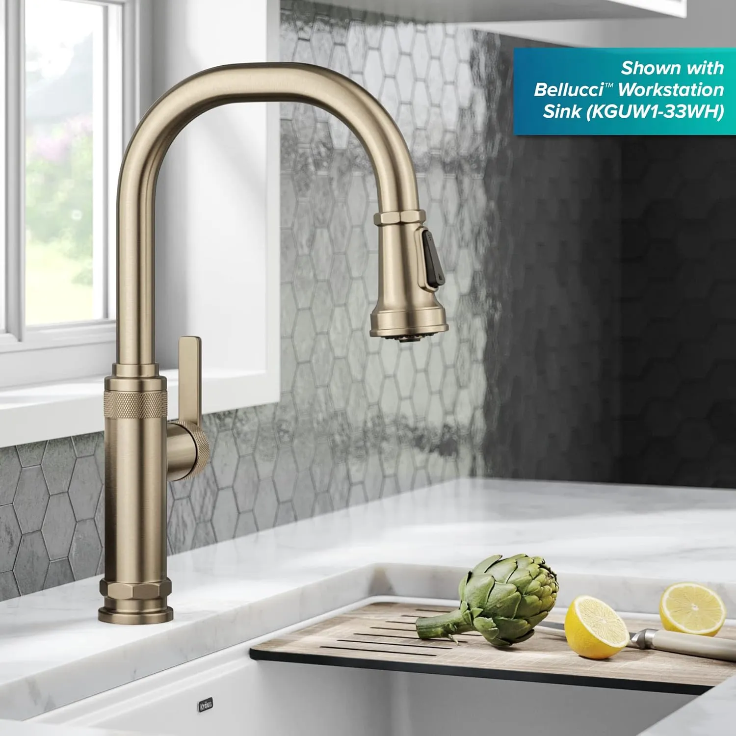 KRAUS Allyn Industrial Pull-Down Single Handle Kitchen Faucet in Spot-Free Antique Champagne Bronze, KPF-4102SFACB