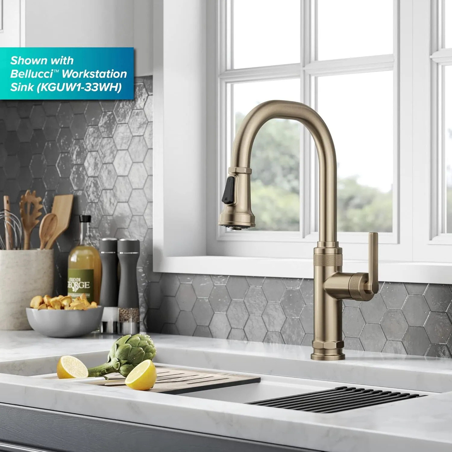 KRAUS Allyn Industrial Pull-Down Single Handle Kitchen Faucet in Spot-Free Antique Champagne Bronze, KPF-4102SFACB
