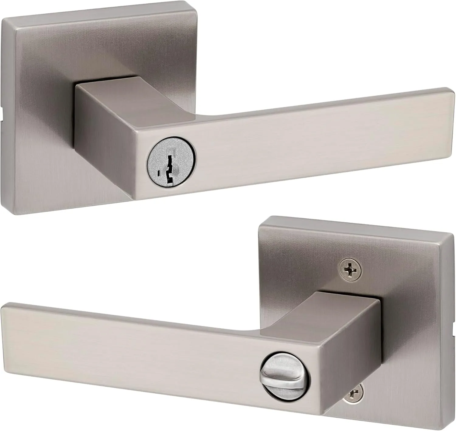 Kwikset Singapore Entry Door Handle with Lock and Key, Secure Keyed Reversible Lever Exterior, For Front Entrance and Bedrooms, Satin Nickel, Pick Resistant Smartkey Rekey Security and Microban